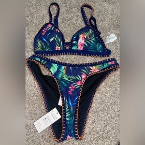Cupshe XS navy Night Orchid Whipstitch bikini top mid rise bottom NWT